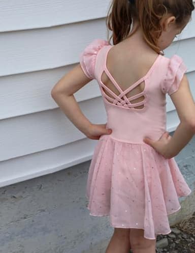 Arshiner Girls Shiny Ruffle Sleeve Ballet Leotard with Skirt Criss-Cross Back Dance Dresses - Image 7