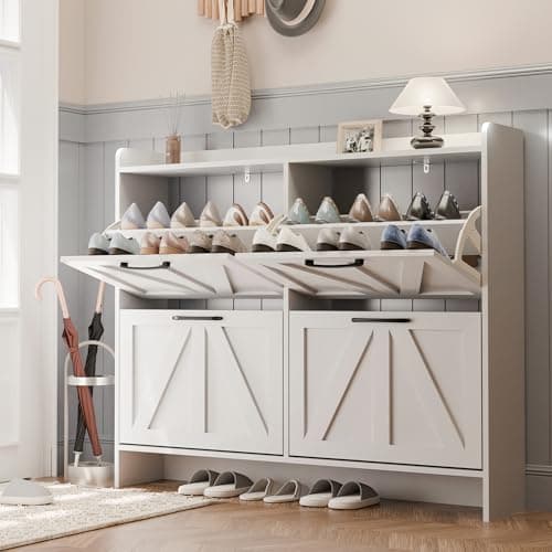 MU Shoe Storage Cabinet with 4 Flip Drawers, Freestanding Shoe Cabinet, Slim Shoe Organizer with Wood Legs for Entryway, White - Image 1