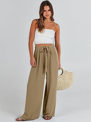 Caracilia Women Wide Leg Palazzo Pants Summer High Waist Flowy Casual Trousers Loose Lounge Beach Travel Vacation Clothes Khaki XX-Large - Image 7
