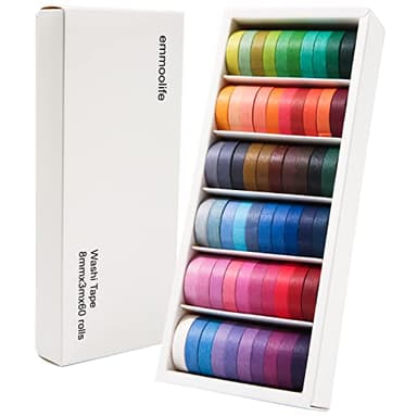 60 Rolls Washi Tape Sets 8mm Wide 10ft Long Basic Solid Color Rainbow Colored Decorative Thin Masking Tapes for Arts, Children Gifts, Bullet Journals, Wrapping Planner, Calendar, Scrapbooking DIY - Image 1