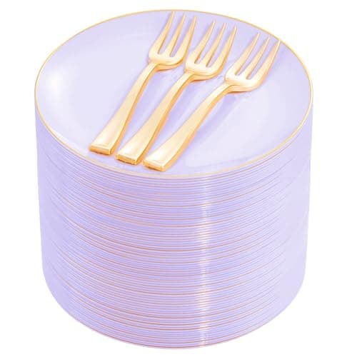 Festiva 200Pcs Purple Gold Dessert Plates 6.3" with Plastic Forks 5"- Disposable Lavender Purple Cake/Appetizer/Salad Plates - serve 100 guests for Party&Wedding&Easter - Image 1