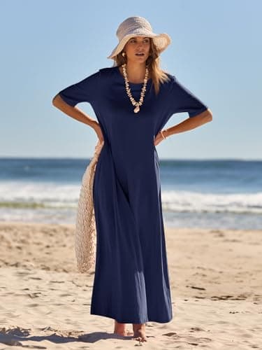 MEROKEETY Women's 2025 Summer Maxi Dress Casual Short Sleeve Beach Vacation Crewneck Basic Long T Shirt Dresses, Navy, X-Large - Image 3