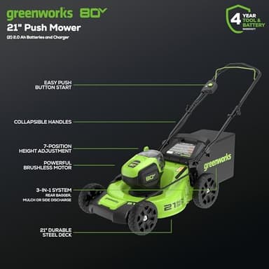Greenworks 80V 21” Brushless (Push) Cordless Electric Lawn Mower + (500 CFM) Axial Leaf Blower + 13” String Trimmer (75+ Compatible Tools), (2) 2.0Ah Batteries and 30 Minute Rapid Charger - Image 2