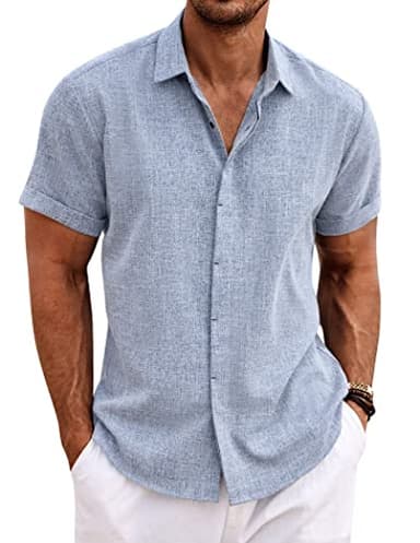 COOFANDY Men's Linen Shirt Casual Shirts Short Sleeve Shirts Button Down Linen Beach Shirts for Men Summer Outfit Light Denim Blue - Image 1