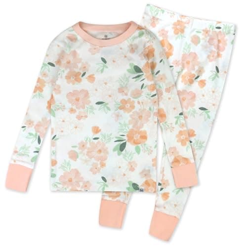 HonestBaby 2-pack Sleep and Play Footed Pajamas One-piece Sleeper Jumpsuit Zip-front Pjs Organic Cotton for Baby Girls, Unisex, White Peach Blossom Floral, 5T - Image 1