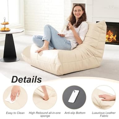 Hobestluk Giant Bean Bag Chair Lazy Floor Sofa, Memory Foam Fireside Sofa for Adults, Big Beanbag Faux Leather Armless Chair for Living Room Bedroom Dorm Office (Beige, Single) - Image 6