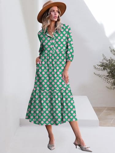 ANRABESS Women Summer Dress 2025 3/4 Puff Sleeve Polo V Neck Floral Print Casual Boho Shirt Maxi Dress Beach Vacation Clothes Floral Green X-Large - Image 4