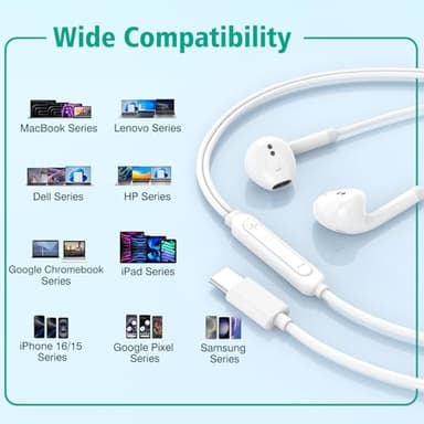 USB C Headphones for iPhone 17 16 15, Wired Headphones USBC for iPad Pro Air Mini, iPad 10th, MacBook, Type C Earbuds for Samsung, Google Pxiel, Earphones for Lenovo, Dell, Microphone, Volume Control - Image 3