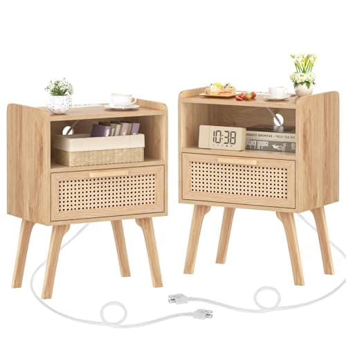 Lerliuo Rattan Nightstands Set of 2 with Charging Station, Boho Night Stand with Handmade Natural Rattan Drawer and Open Shelf, Side End Tables with Solid Wood Legs for Bedroom, Dorm, Small Spaces - Image 1