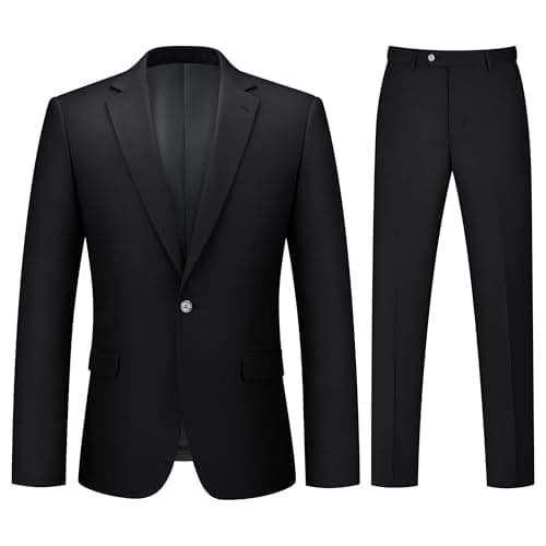 LORENZO BRUNO Mens Suit 2 Piece Black Suits for Men One Button Slim Fit Solid Jacket & Pants Tuxedo Set Business Wedding Party, Black, XL - Image 1