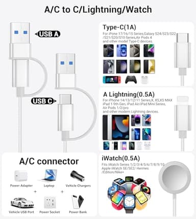 Temdan for Travel Vacation Essentials,3 in 2 USB C Cable for Apple Watch Charger/iPhone 17 Charger/Lightning,Multi Charging Cable Cord,Camping Essentials,Designed for iWatch &iPhone 16-12-4FT White - Image 2