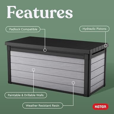 Keter Denali 150 Gallon Resin Large Deck Box with Double Wall 20mm Panels - Paintable and Drillable-Organization and Storage for Patio Furniture and Outdoor Items, Grey & Black - Image 3