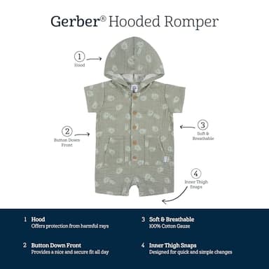 Gerber Baby Boys Hooded Cotton Romper, Palms, 3-6 Months - Image 6