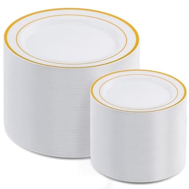 AOZITA 200 Pcs Gold Plastic Plates for Party, Heavy Duty Disposable Plastic Plates for Party, Holiday, Wedding, Thanksgiving and Birthday - Image 1