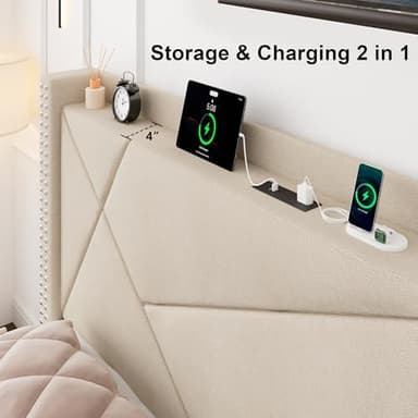 Feonase Full Size Platform Bed Frame with 4 Storage Drawers, Upholstered Wingback Bed Frame with Charging Station, Solid Wood Slats Support, Beige - Image 5