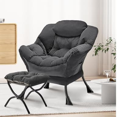 Congermom Lazy Chair with Folding Ottoman Modern Large Accent Chair,Contemporary Lounge Leisure Sofa Chair with Armrests Upholstered Sofa Armchair Reading Chair for Bedroom,Dorm & Office (Dark Grey-f) - Image 2