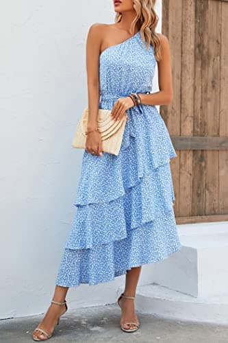 PRETTYGARDEN Women's Summer Floral Sundress Casual One Shoulder Tiered Ruffle Flowy Midi Beach Boho Dresses (Floral Light Blue,X-Large) - Image 7