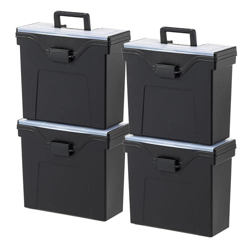 IRIS USA Slim Portable Letter/Legal File Tote Box, 4 Pack, BPA-Free Plastic Storage Bin with Organizer-Lid, Durable, Secure Lid and Handle, Black - Image 1