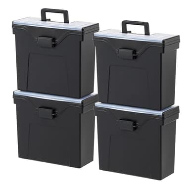 IRIS USA Slim Portable Letter/Legal File Tote Box, 4 Pack, BPA-Free Plastic Storage Bin with Organizer-Lid, Durable, Secure Lid and Handle, Black - Image 1