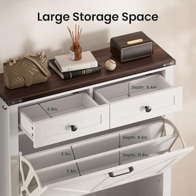 OLILAWN Entryway Shoe Storage, Shoe Storage Cabine with 2 Flip Drawers and 2 Drawers, Shoe Cabinet with Drawer, for Entryway Freestanding Shoes Organizer Cabinet, Slim Shoe Cabinet White - Image 3