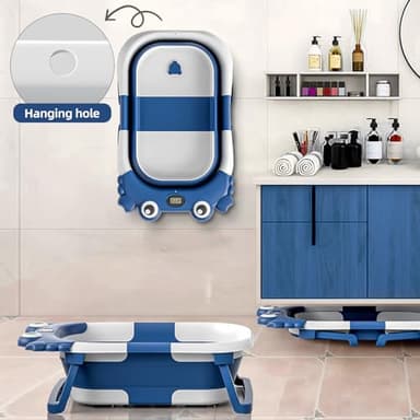 Collapsible Baby Bathtub for Newborns to Toddler with Real-time Temp Monitor & Floating Cushion,Portable Travel Tub for 0-36 Month, Foldable Baby Bath Tub for Infants Boy (Blue) - Image 3