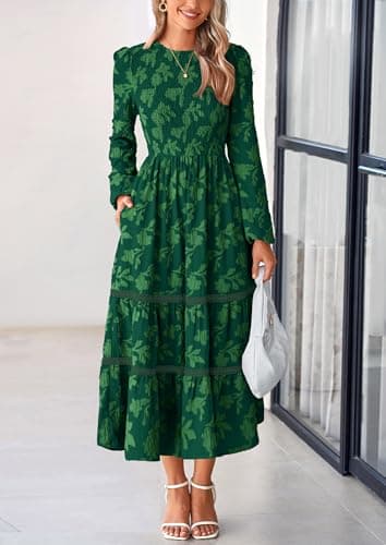 PRETTYGARDEN Long Sleeve Dress for Women 2025 Fall Elegant Modest Floral Boho Smocked Flowy Wedding Guest Midi Dresses (Dark Green,X-Large) - Image 6