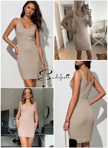Sidefeel Dresses for Women 2025 Spring V Neck Ribbed Knit Tank Sleeveless Summer Sundress Sexy Bodycon Club Night Out Dresses X-Small Khaki - Image 5