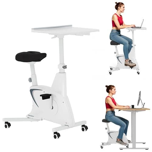 FLEXISPOT Exercise Bike with 2D Desktop, Space Saving Under Desk Bike with Removable Desktop, Upright Indoor Cycling Bikes with 300LBS Weight Capacity Big Seat, Stationary Bikes for Home, White - Image 1