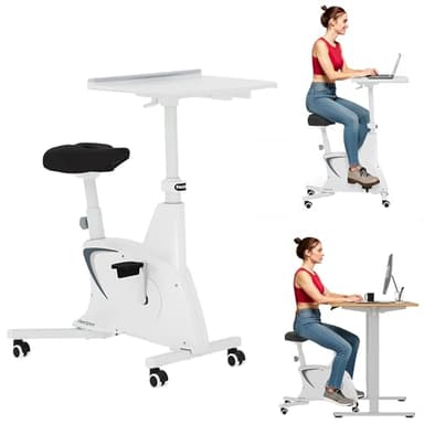 FLEXISPOT Exercise Bike with 2D Desktop, Space Saving Under Desk Bike with Removable Desktop, Upright Indoor Cycling Bikes with 300LBS Weight Capacity Big Seat, Stationary Bikes for Home, White - Image 1