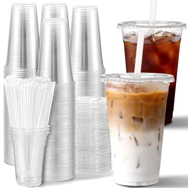 AOZITA 100 Pack, 16 Oz Plastic Cups With Lids and Straws, Iced Coffee Cups With Lids Disposable Clear Cups With Lids - for Iced Coffee, Smoothie, Milkshake and Cold Drinks - Image 1