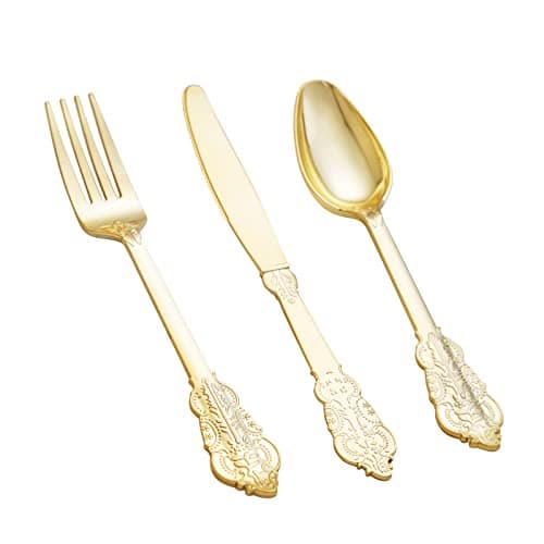 BUCLA 600 Pieces Gold Plastic Silverware - Plastic Gold Utensils - Heavyweight Disposable Cutlery - 200 Forks, 200 Spoons, 200 Knives - Image 1