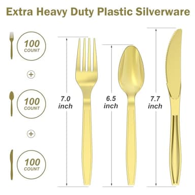 Dealusy 300 Count Extra Heavy Duty Gold Plastic Silverware, 100 Forks, 100 Spoons, 100 Knives, BPA-Free, Heat Resistant, Disposable Plastic Utensils Set, Plastic Cutlery Set, Plasticware Bulk - Image 2