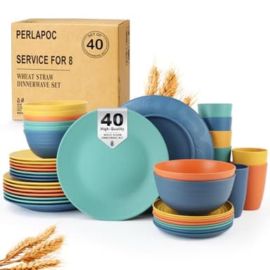 Perlapoc Wheat Straw Dinnerware Set 40 PCS - Service for 8 | Plates and Bowls Sets | Unbreakable Dishes Set - Dinner Plates, Dessert Plate, Cereal Bowls, Drinking Glasses, Dishwasher Safe - Multi - Image 1