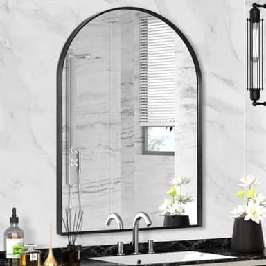 Minuover 22" x 30" Black Arched Mirror, Arch Wall Mirror, Metal Frame Black Bathroom Mirror, Arched Top Bathroom Vanity Mirror for Living Room, Bedroom, Entryway, Tempered Glass, Shatter Proof - Image 1