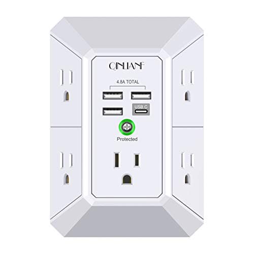 Wall Charger, Surge Protector, QINLIANF 5 Outlet Extender with 4 USB Charging Ports (4.8A Total) 3-Sided 1680J Power Strip Multi Plug Adapter Spaced for Home Travel Office (3U1C) - Image 1