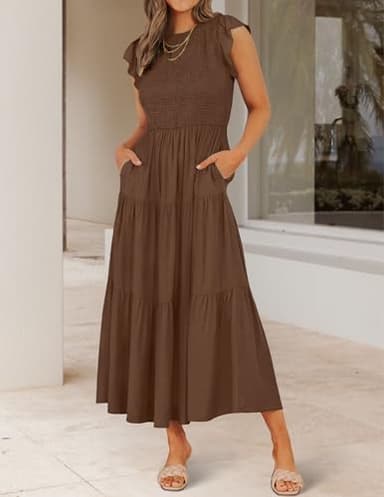 ZESICA Women's 2025 Summer Casual Flutter Short Sleeve Crew Neck Smocked Elastic Waist Tiered Midi Dress,Coffee,Medium - Image 2