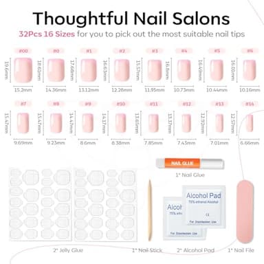 Modelones Pink French Tip Press On Nails, Spring Summer Short Square Fake Nails, Reusable Nail Kit with Nail Glue Adhesive Tabs Mini Nail File, Nails Press Ons 32Pcs 16 Sizes - Image 3