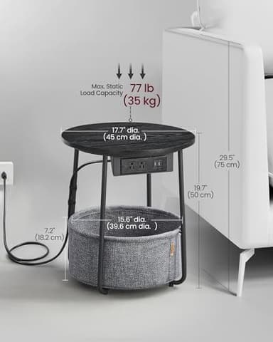 VASAGLE LILEA Collection - Side Table with Charging Station, Round End Table with Fabric Basket, Nightstand with USB Ports, for Living Room, Bedroom, Modern, Ebony Black and Slate Gray ULET228B01 - Image 5