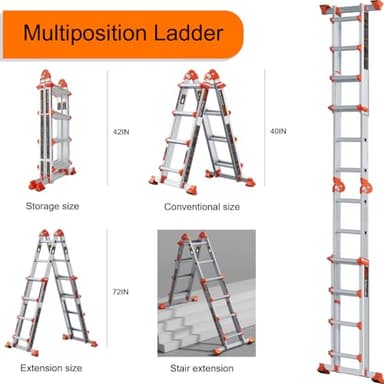 LANBITOU Ladder, A Frame 4 Step Ladder Extension, 14 FT Anti-Slip Multi Position & Storage Folding Ladder, 330 lbs Security Load Telescoping Aluminum Ladders for Stairs Home Indoor Outdoor Roof - Image 3