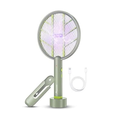 Aspectek 3000V Electric Fly Swatter for Indoor and Outdoor Use, Portable, Rechargeable Bug Zapper Racket with Improved Battery Life, USB Charging Cable, Wall Bracket, White -Green - Image 1