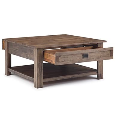 SIMPLIHOME Monroe Square Coffee Table - 38 inch Wide Solid Acacia Wood Living Room Table in Rustic Natural Aged Brown, Rustic Cocktail Table for Family Room or Lounge with 2 Drawers and Open Shelf - Image 4