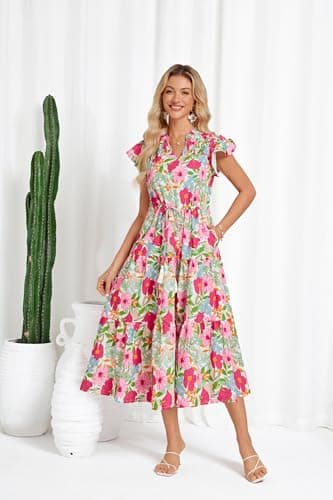 Women's Spring Floral Tiered Long Midi Dresses Short Sleeve Boho Beach Ruffle Floral Dress for Women Flowy Swing Maxi Dress - Image 2
