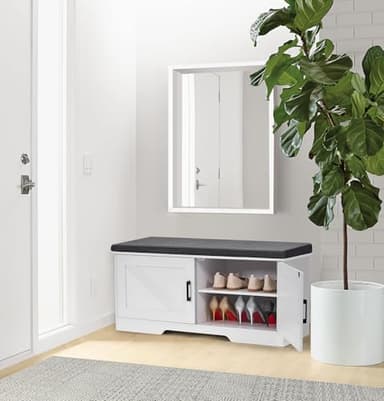 HOMSHO 2-Tier Storage Bench, 39.4" Wide Shoe Bench with Padded Seat Cushion, Entryway Bench with 2 Barn Doors and Adjustable Shelf, White - Image 7
