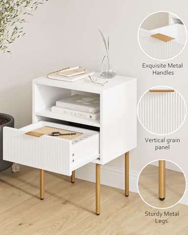 Masupu Nightstand,Mid-Century Modern Bedside Table with Storage Drawer and Open Wood Shelf,Small Gold Frame Side Table for Bedroom,Living Room,White - Image 3