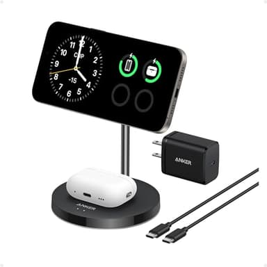 Anker MagSafe Compatible MagGo Charger Stand, iPhone 17 Wireless Charger, 2-in-1 Charging Station, Qi2 Certified 15W Fast Charging, for iPhone 17/16/15/14/13/12, AirPods Pro (White, No Adapter) - Image 1