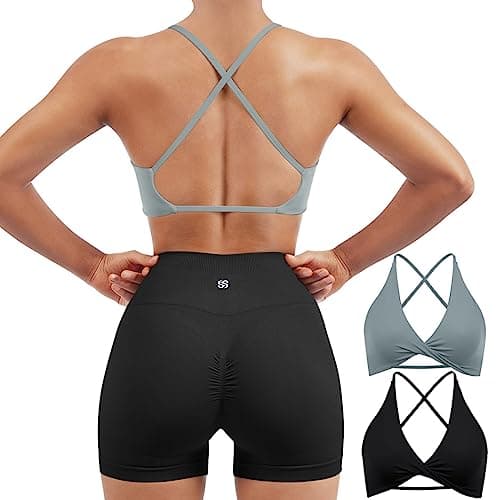 SUUKSESS Women 2 Piece Open Back Strappy Sports Bra Pack Twist Front V Neck Padded Workout Crops (#2 Black & Grey, M) - Image 1