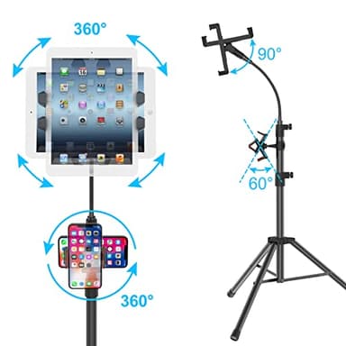 LIUGAST Tripod Stand for Ipad,Gooseneck 65-inch Floor Stand for Tablet,Floor Stand for iPad Tripod with 360° Rotating Mount for Mini, Air, Pro and All 4.7-11.9 Inch Tablet and Phone - Image 4