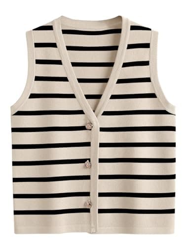 LILLUSORY Vest Tops for Women 2025 Fall Outfits Striped Sweaters Button Up Casual Shirts Blouses Jacket Fashion Clothes ApricotBlack S - Image 1