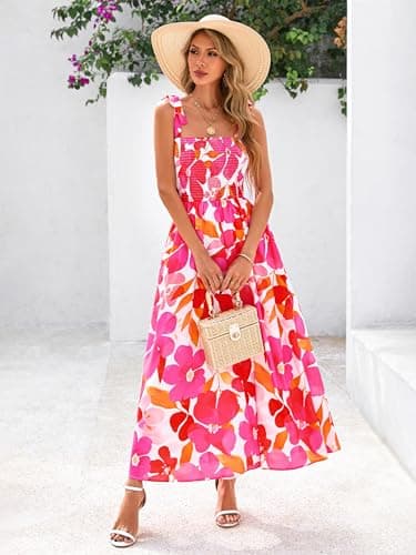 PRETTYGARDEN Womens Summer Dresses Floral Sleeveless Smocked Maxi Dress Boho Spaghetti Strap A Line Flowy Beach Long Sundress(Floral White Rose Red,Medium) - Image 3