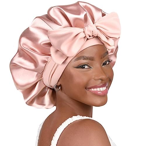 YANIBEST Silk Bonnet for Sleeping Women Adjustable Double Layer Satin Bonnet Reduce Friction Prevent Frizz Natural Curly Hair, Blush Pink - Image 1